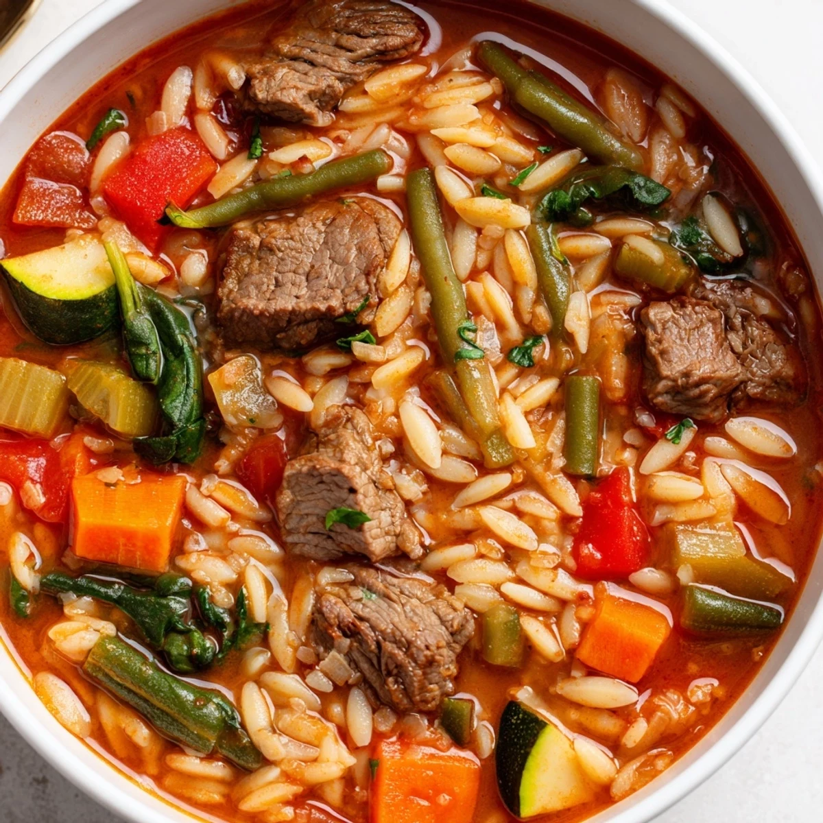 Hearty beef and orzo soup in a white bowl garnished with fresh parsley