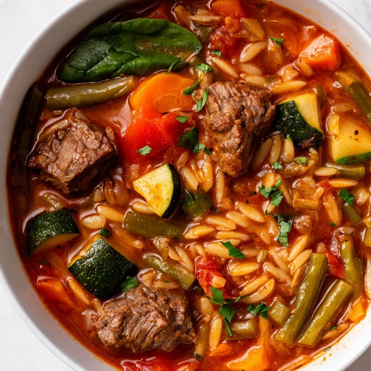 Steaming bowl of hearty beef and orzo soup with colorful garden vegetables