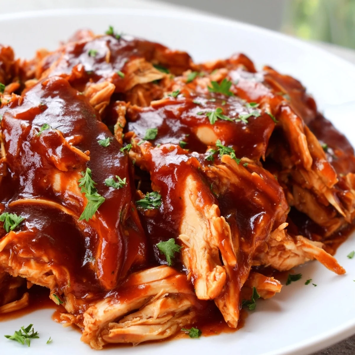 Tender Sweet Baby Ray's Crockpot Chicken glazed in rich, sticky barbecue sauce on a plate