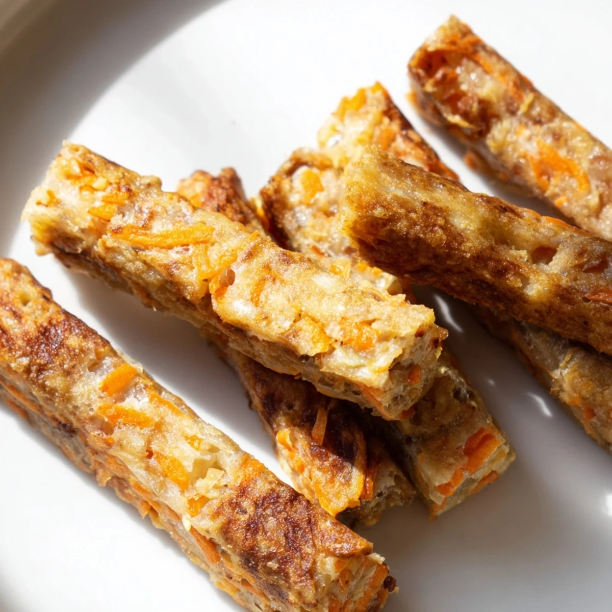 Golden brown apple and carrot dog chew sticks arranged on parchment paper for wholesome treating