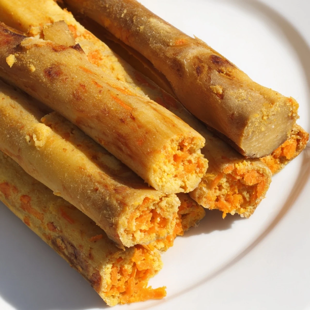 Homemade apple and carrot dog chew sticks with speckled orange and white flecks baked firm