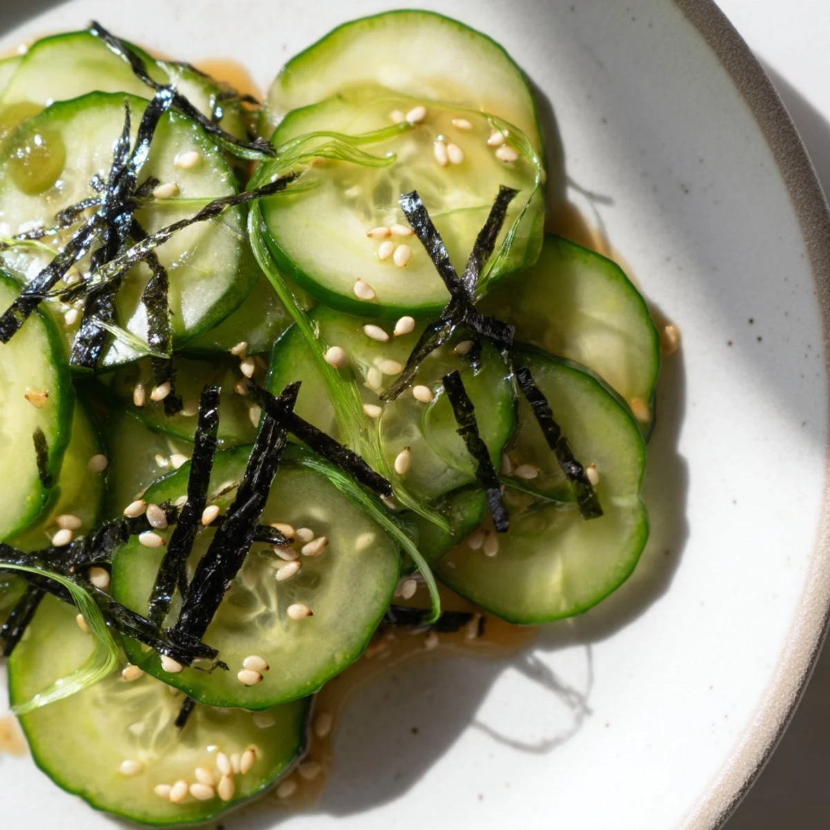 Crisp sushi cucumber salad glistening with tangy rice vinegar dressing and toasted sesame seeds