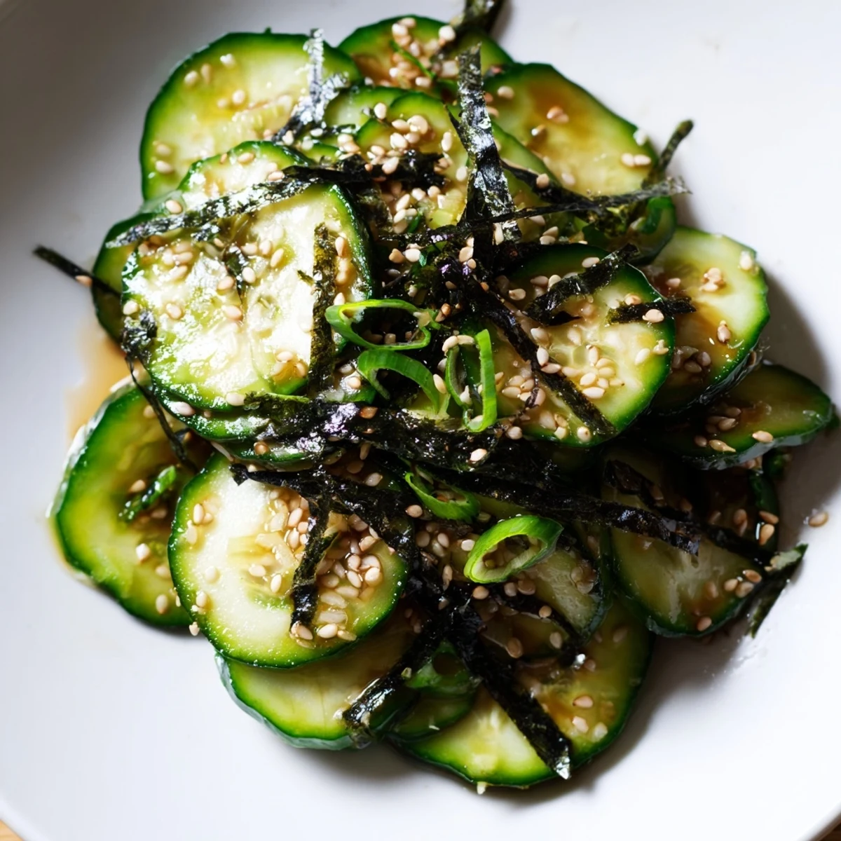 Thinly sliced cucumbers tossed in savory dressing topped with nori strips for sushi cucumber salad