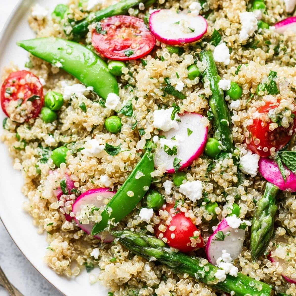Colorful spring vegetable quinoa salad in a white bowl with fresh herbs and lemon dressing