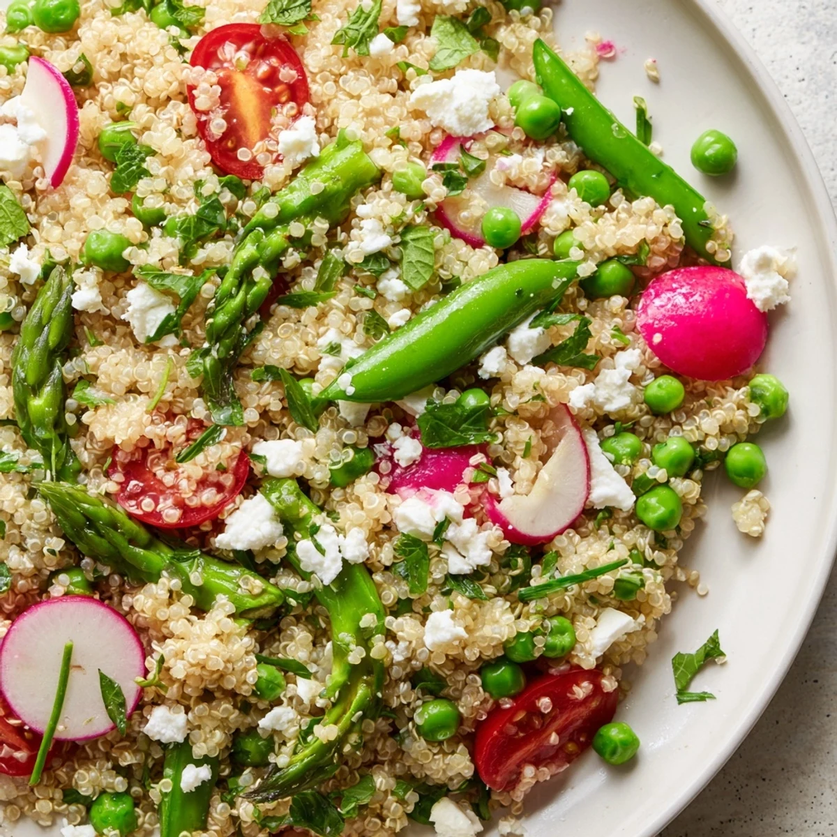 Fluffy spring vegetable quinoa salad topped with crisp asparagus, radishes, and crumbled feta cheese