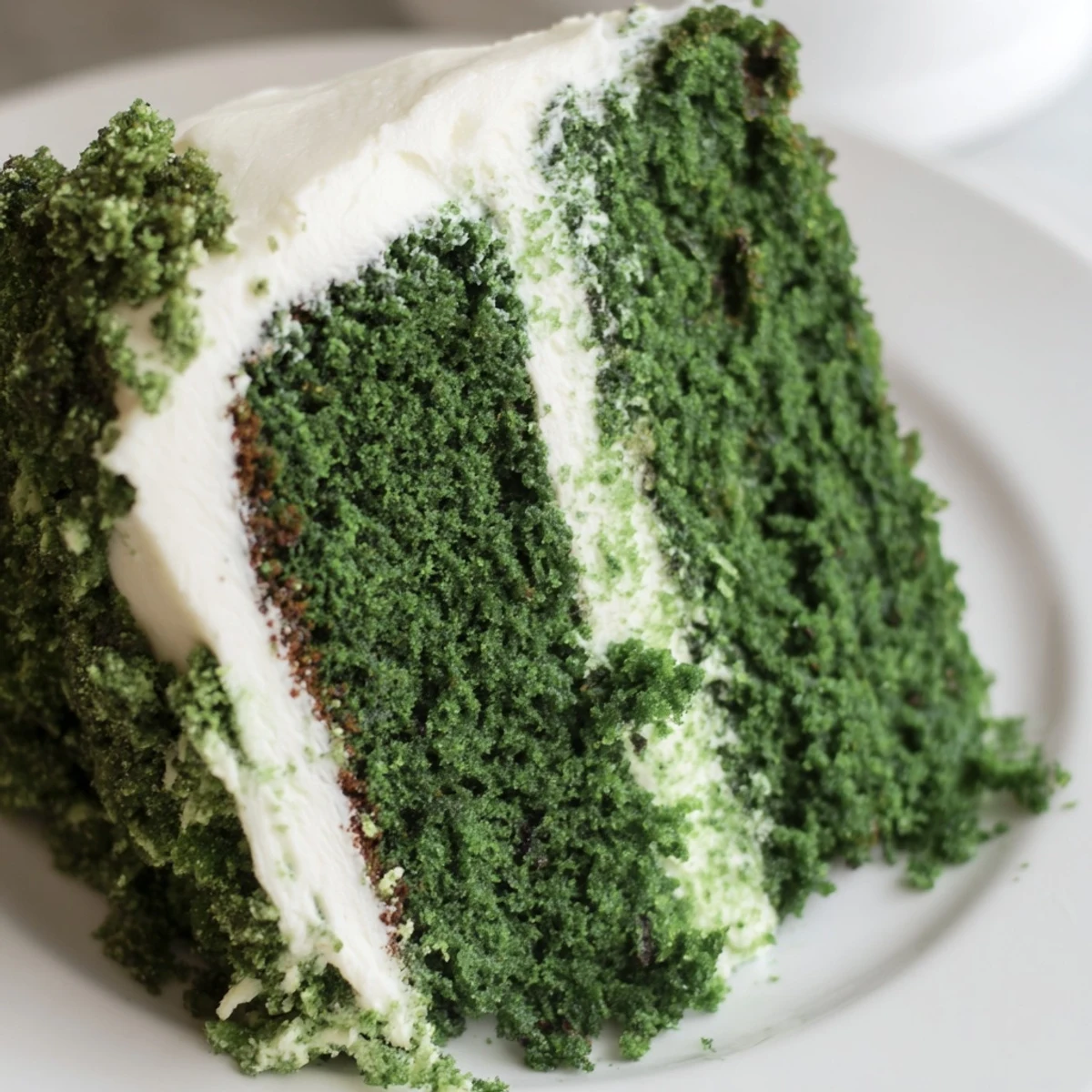 Vibrant green velvet cake with fluffy cream cheese frosting on a white cake stand