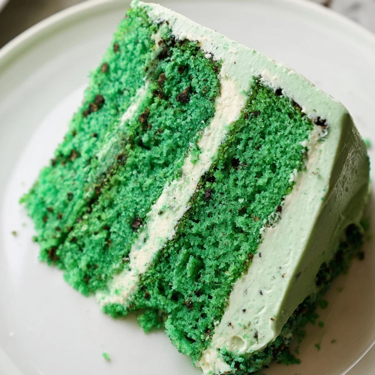 Emerald-hued green velvet cake layers stacked with rich, tangy cream cheese frosting