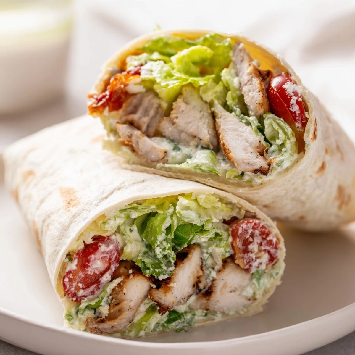 Golden grilled chicken Caesar wraps with crisp romaine and Parmesan in soft flour tortillas