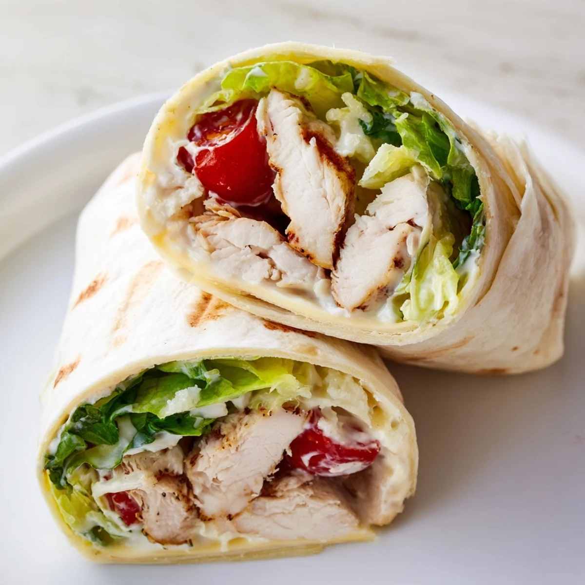 Creamy Caesar dressing coats tender sliced chicken and fresh lettuce in this satisfying wrap