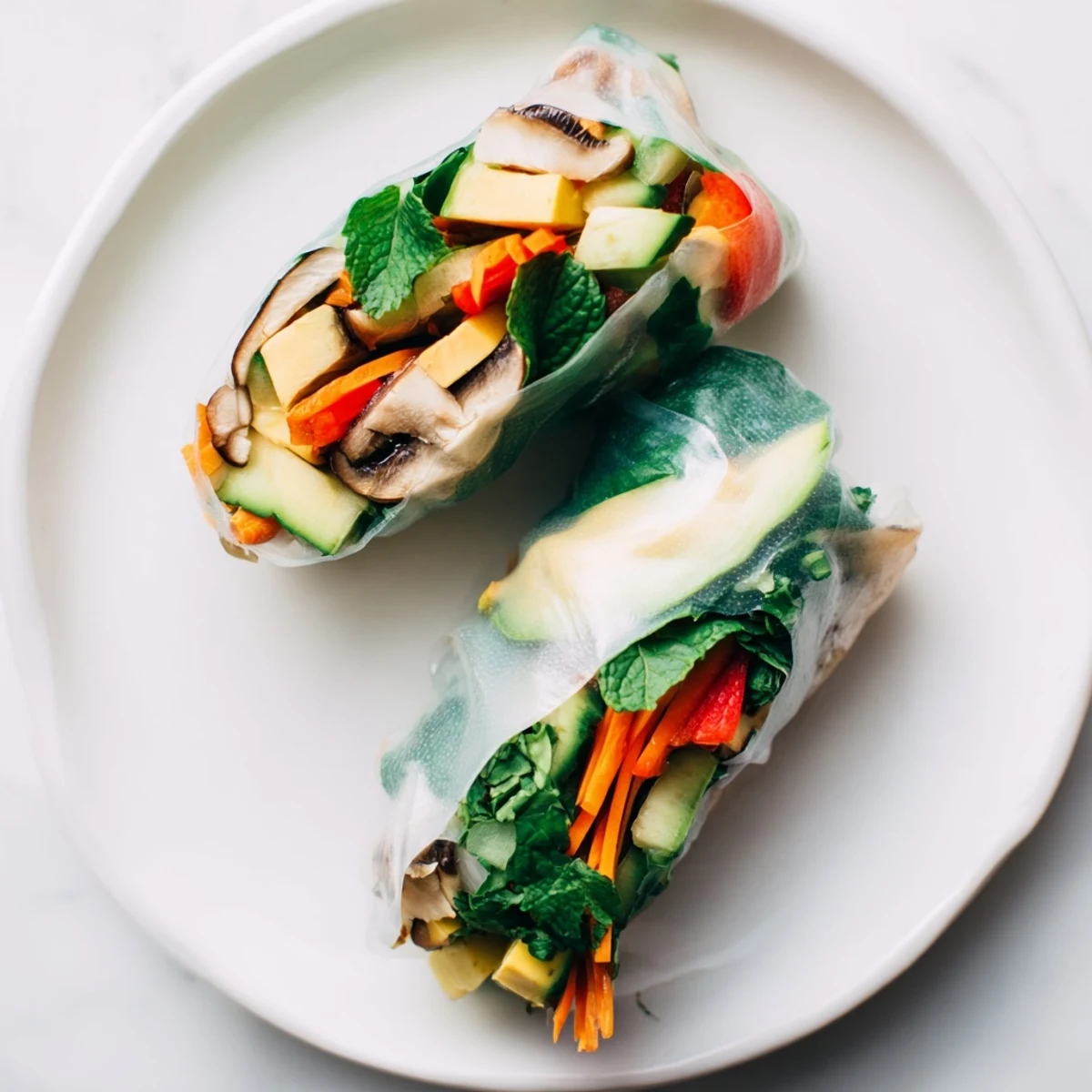 Avocado shiitake spring rolls plated with homemade dipping sauce showcasing golden sautéed mushrooms