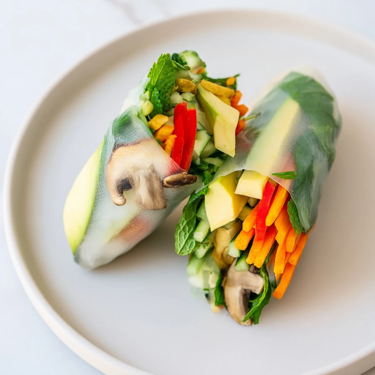 Fresh avocado shiitake spring rolls wrapped in translucent rice paper with colorful vegetables