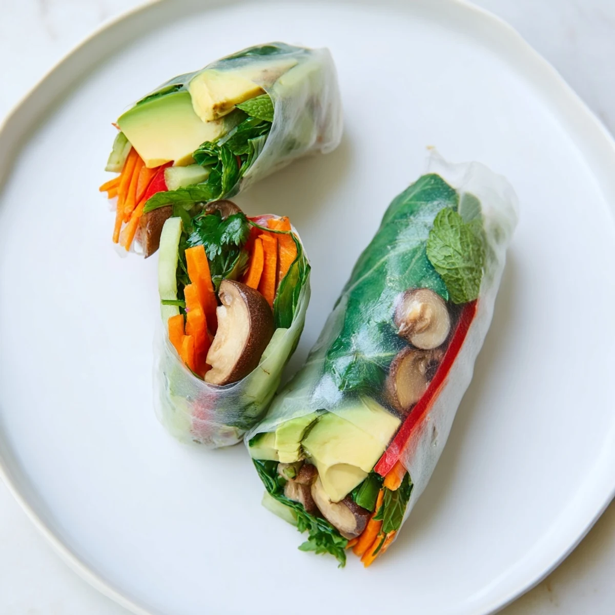 Crispy vegetable-filled avocado shiitake spring rolls garnished with fresh mint and cilantro leaves