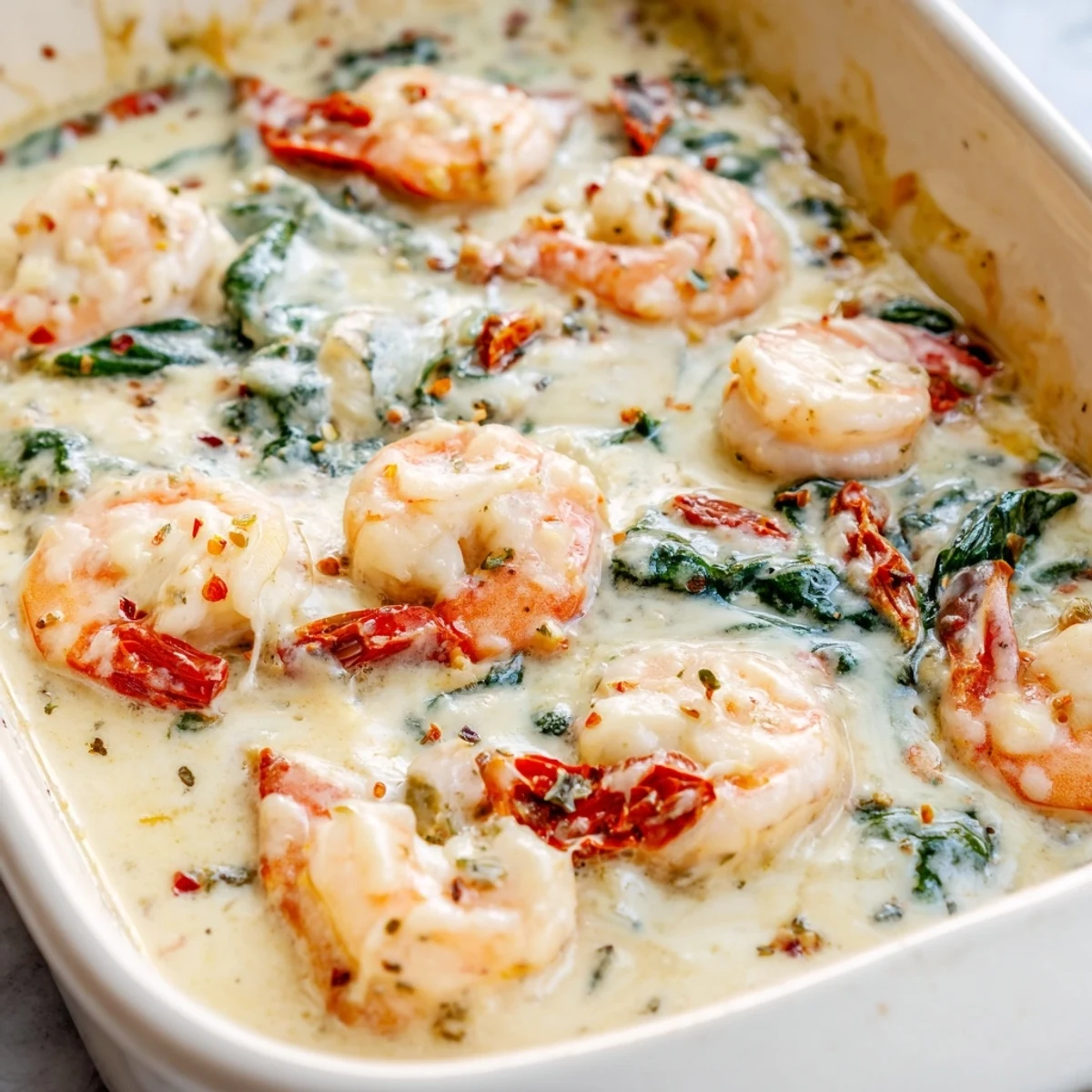 Creamy Low Carb Shrimp Tuscan Bake with golden melted mozzarella and sun-dried tomatoes