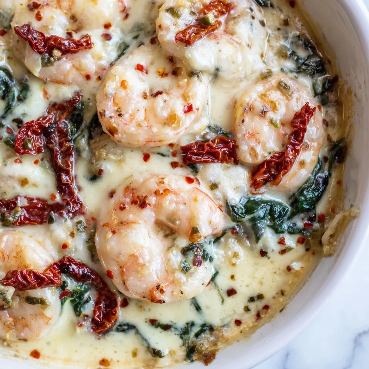 Low Carb Shrimp Tuscan Bake bubbling in a cast iron skillet with wilted spinach