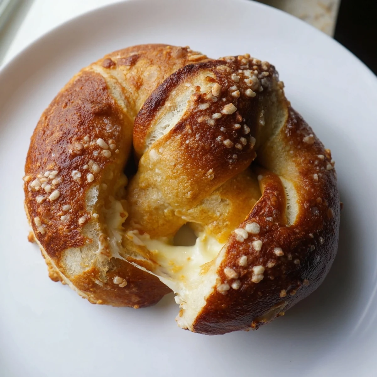 Golden brown mozzarella stuffed soft pretzels with coarse salt on rustic parchment paper.