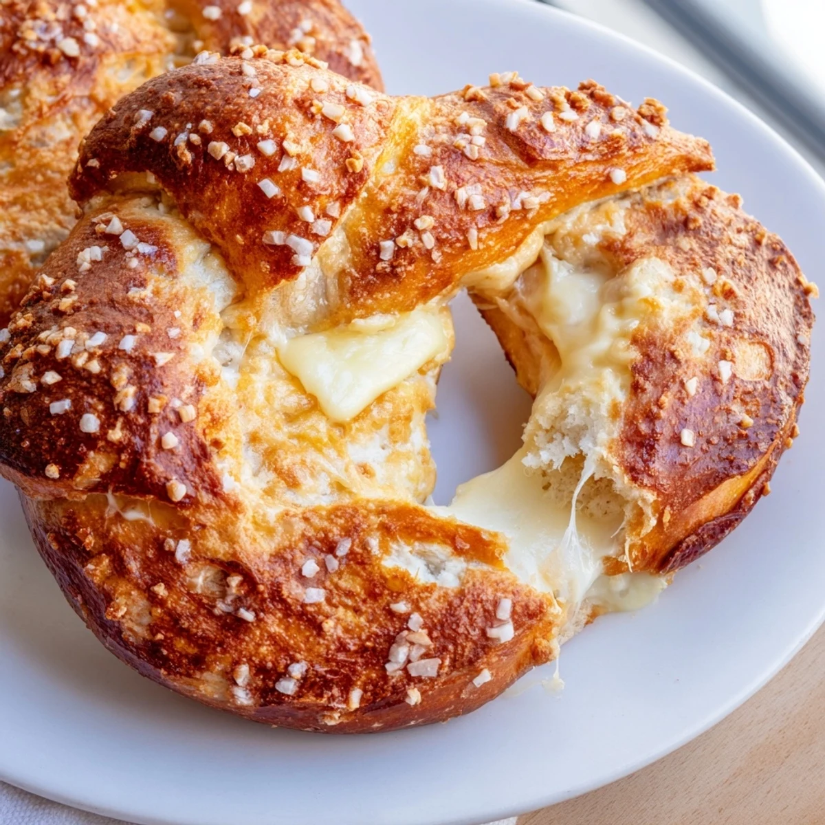 Warm mozzarella stuffed soft pretzels showing melty cheese peeking through twisted dough.