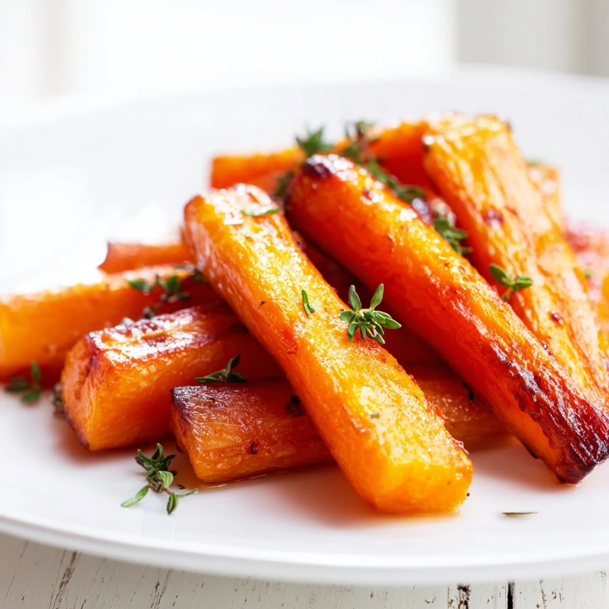 Glistening honey roasted carrots with caramelized edges and fresh herbs on a white serving platter