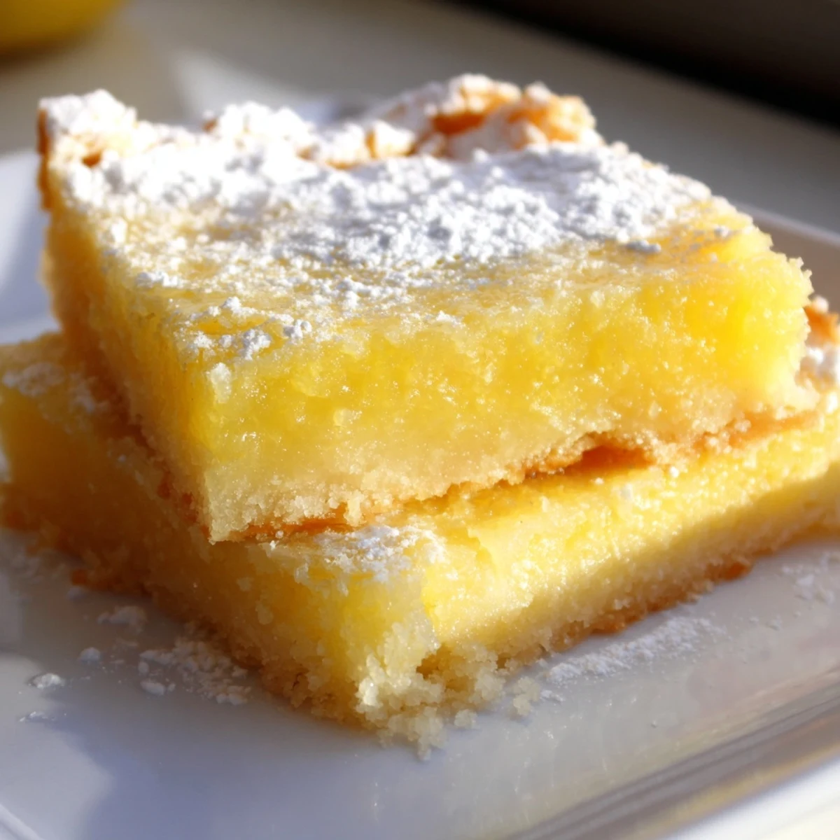 Golden Lemon Gooey Butter Cake squares dusted with powdered sugar on a rustic white serving plate