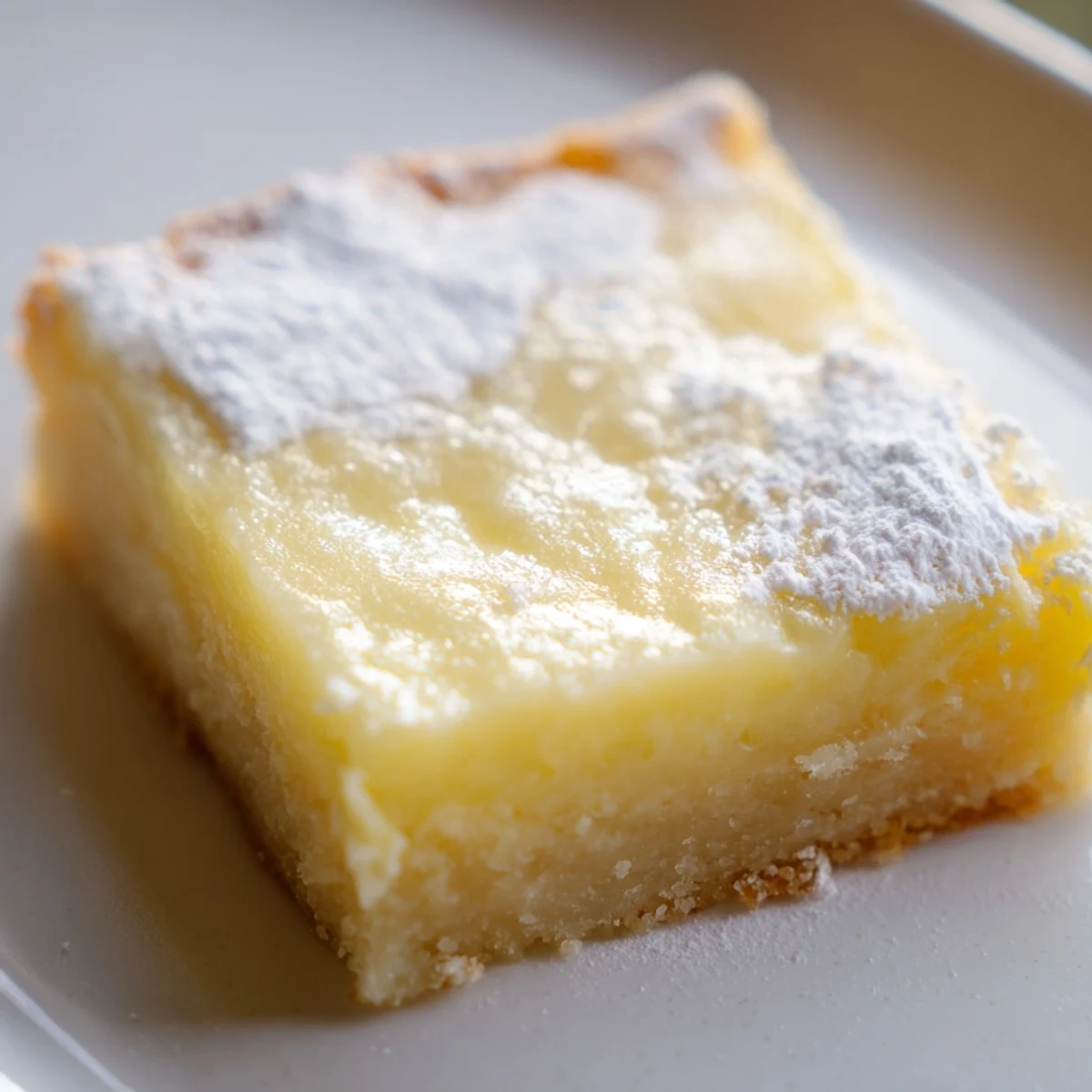 Creamy Lemon Gooey Butter Cake with glossy custard topping and golden brown buttery crust edges