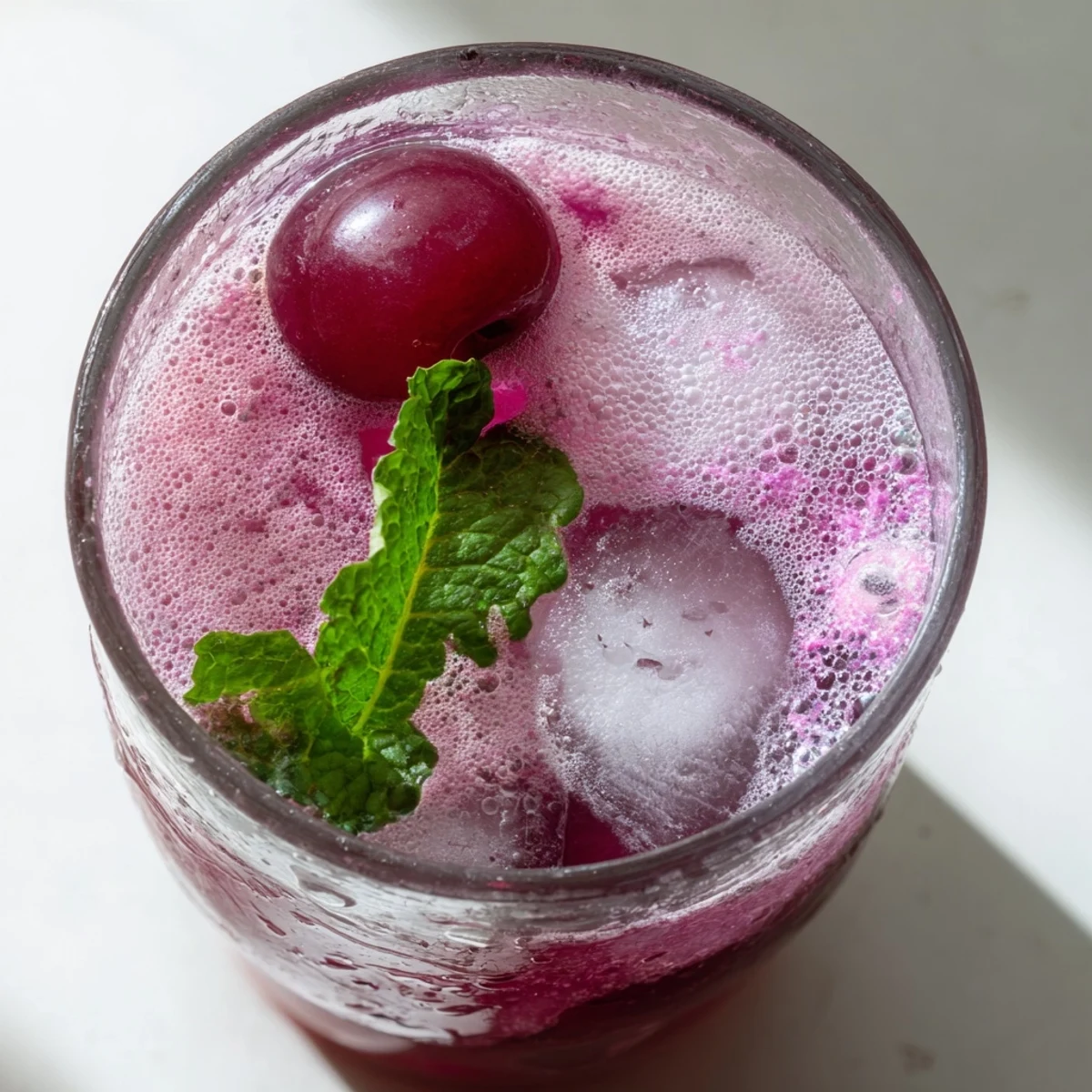 Chilled grape agua fresca poured over ice in a tall clear glass