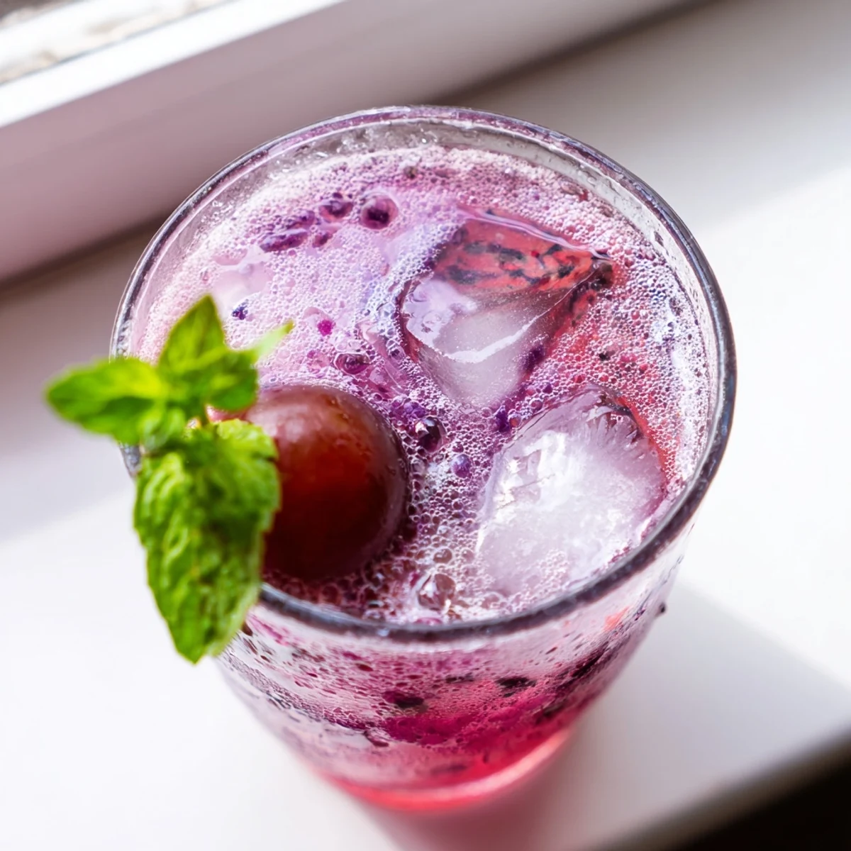 Vibrant purple grape agua fresca garnished with fresh mint and lime wedges