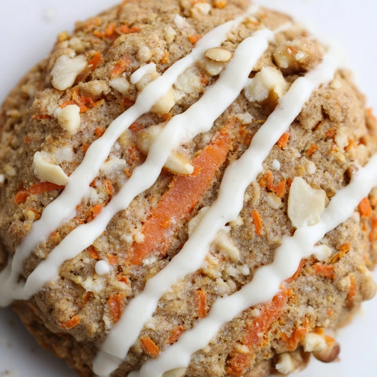 Soft carrot cake cookies with cream cheese drizzle on rustic white serving board