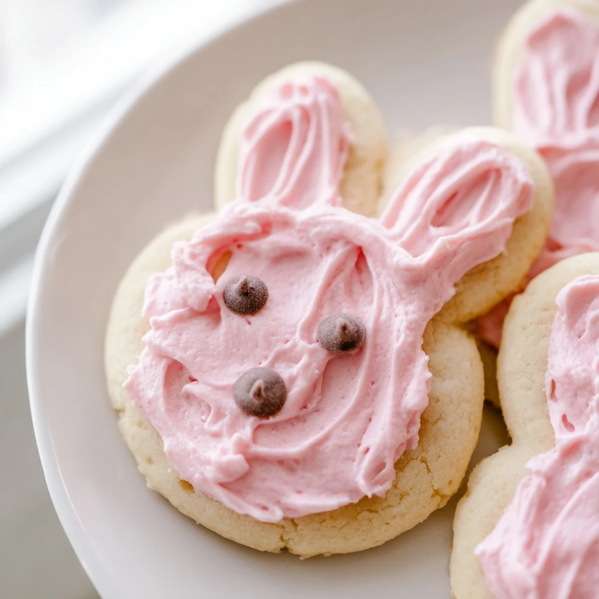 Adorable Buttercream Bunny Cookies with swirled pastel frosting on a rustic white serving tray
