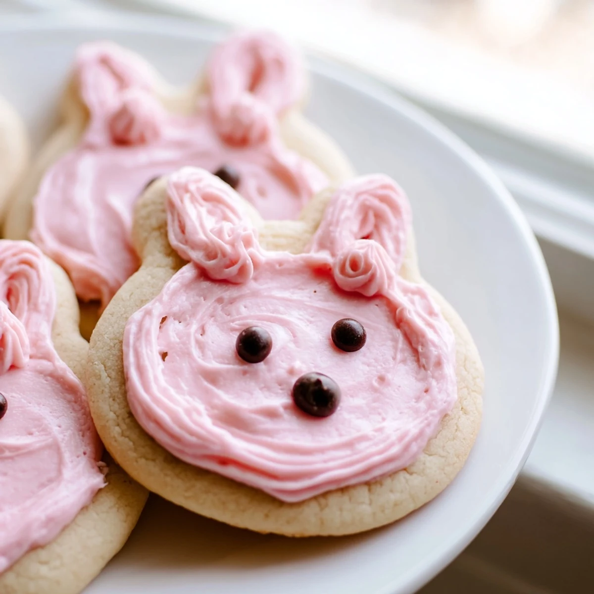 Golden bunny-shaped sugar cookies topped with fluffy pink and blue buttercream frosting decorations
