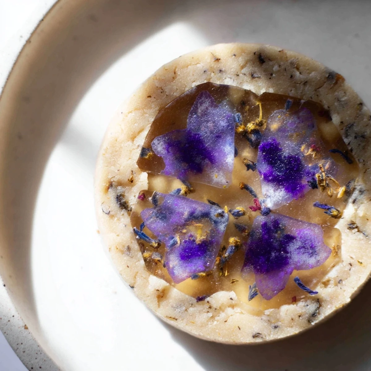 Golden Earl Grey Stained Glass Floral Cookies with melted candy centers and pressed edible blooms on parchment