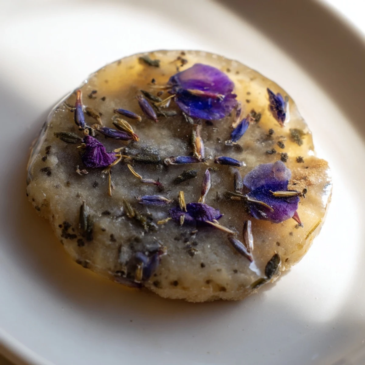 Delicate Earl Grey Stained Glass Floral Cookies showcasing translucent jewel-toned windows flecked with dried violet petals