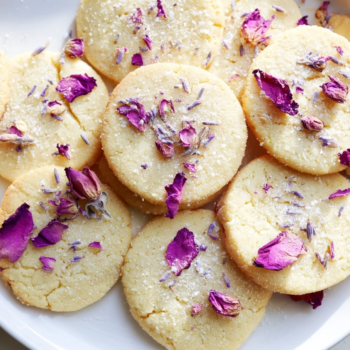 Golden Spring Blossom Cookies topped with colorful edible flowers on a rustic white plate