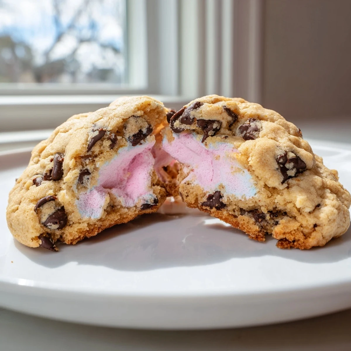 Gooey Chocolate Chip Peep Stuffed Easter Cookies with melted marshmallow peeking through golden edges