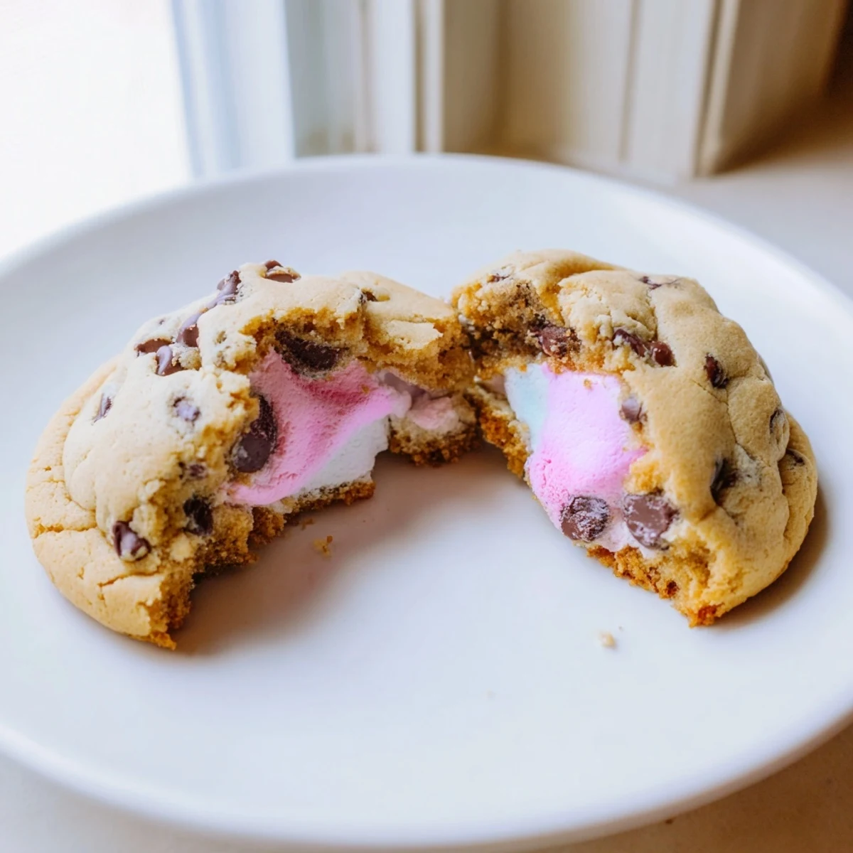 Soft chocolate chip Peep stuffed Easter cookies topped with colorful pastel bunny marshmallows