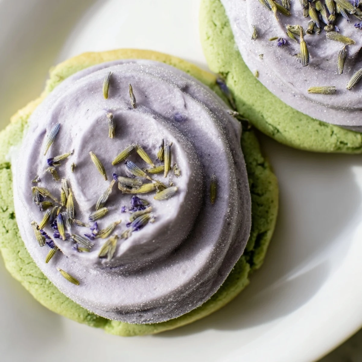Soft green matcha sugar cookies topped with creamy purple lavender buttercream frosting swirls