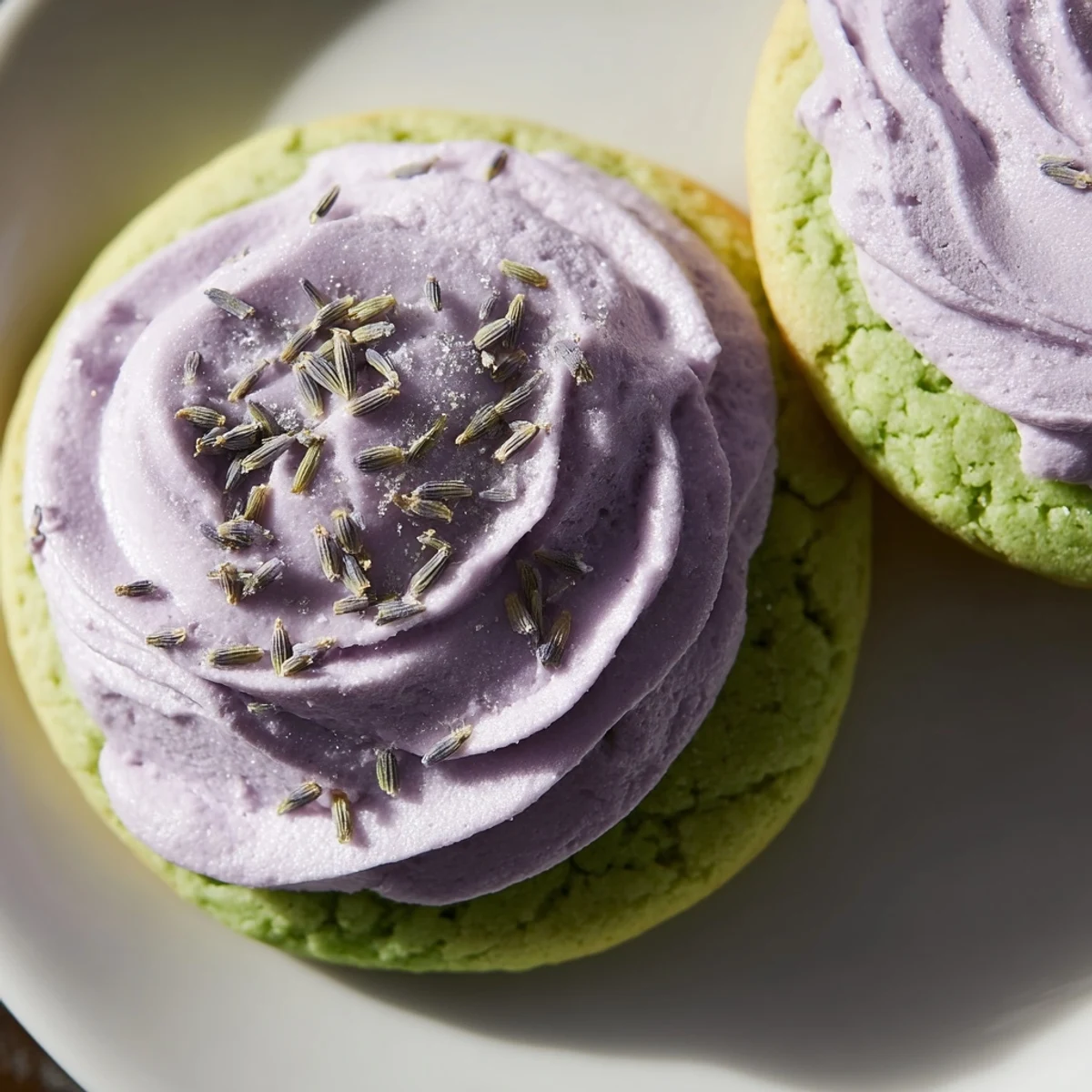 Elegant matcha sugar cookies with lavender frosting garnished with delicate purple lavender buds