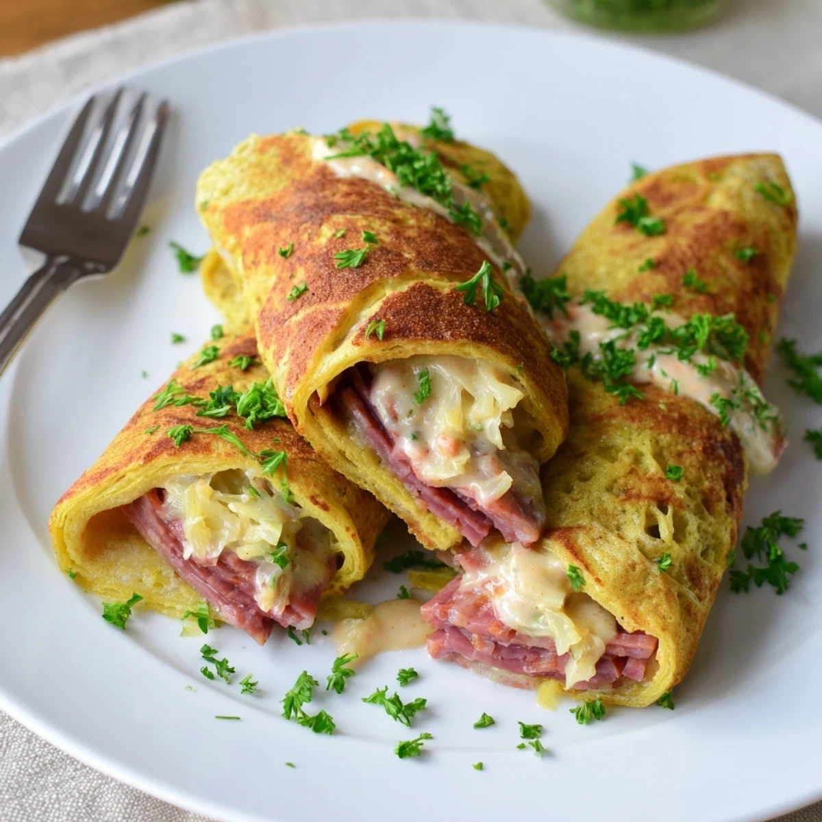Golden Low Carb Reuben Egg Roll Ups filled with melty Swiss cheese and savory corned beef