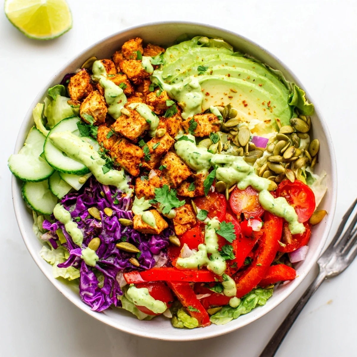 Colorful keto bowls loaded with fresh vegetables and tender spiced chicken topped with creamy dressing