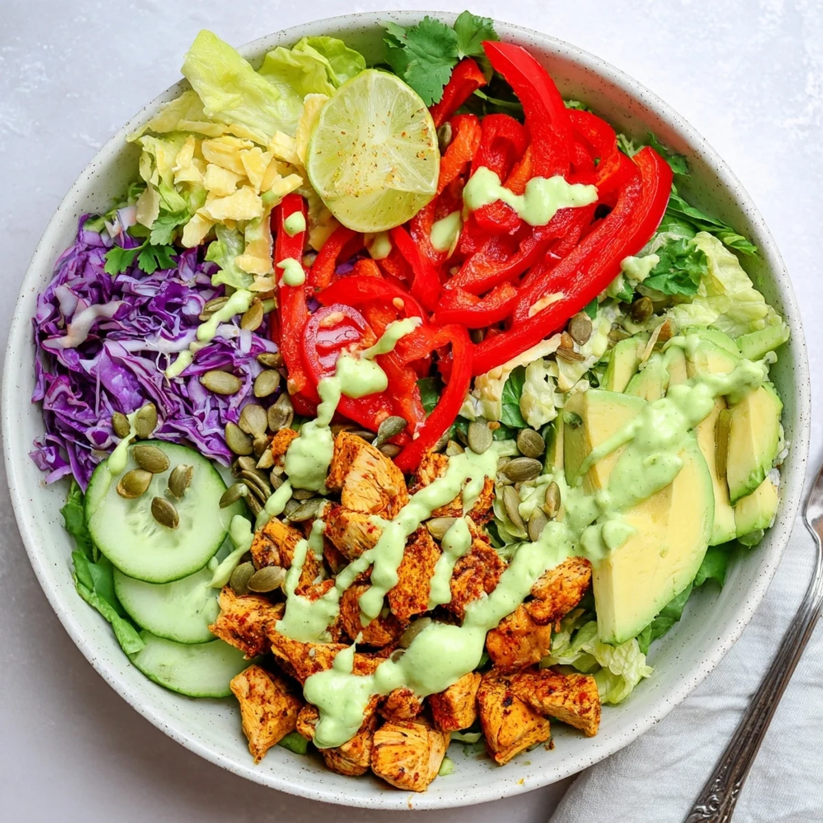 Keto bowls featuring crisp lettuce, vibrant vegetables, and golden chicken drizzled with rich avocado dressing