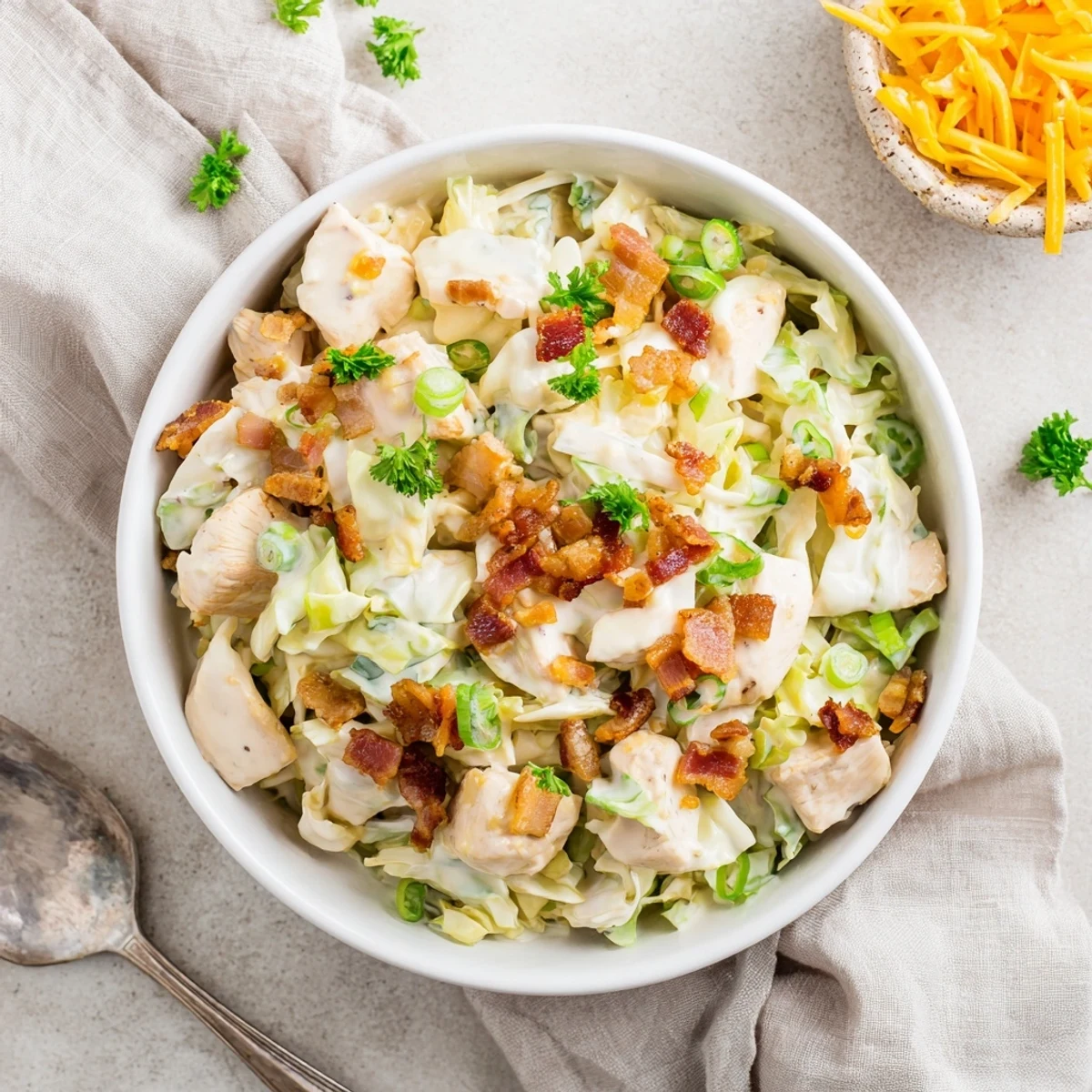 Tender chicken and crunchy cabbage coated in creamy ranch sauce with crispy bacon bits