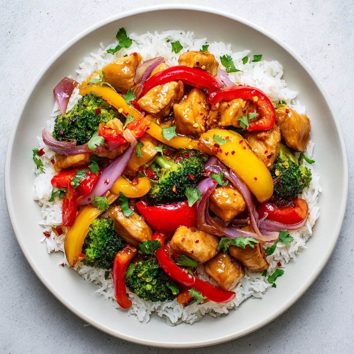 Colorful chicken vegetable stir fry sizzling in pan with glossy sauce coating every bite