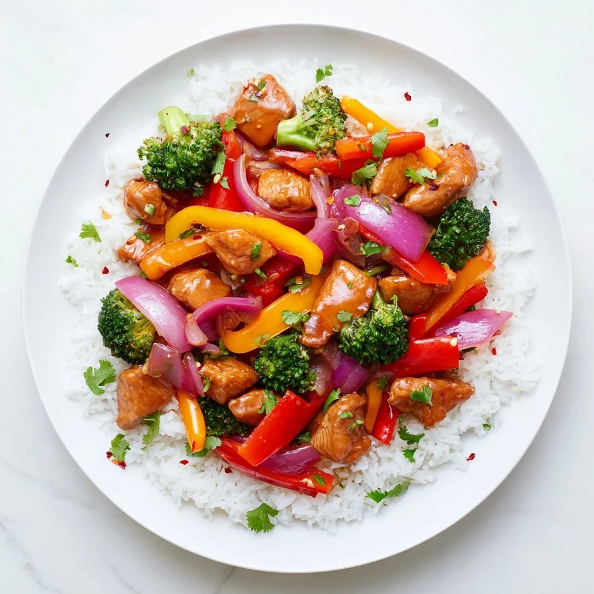 Quick weeknight meal loaded with vibrant bell peppers broccoli and tender golden chicken pieces