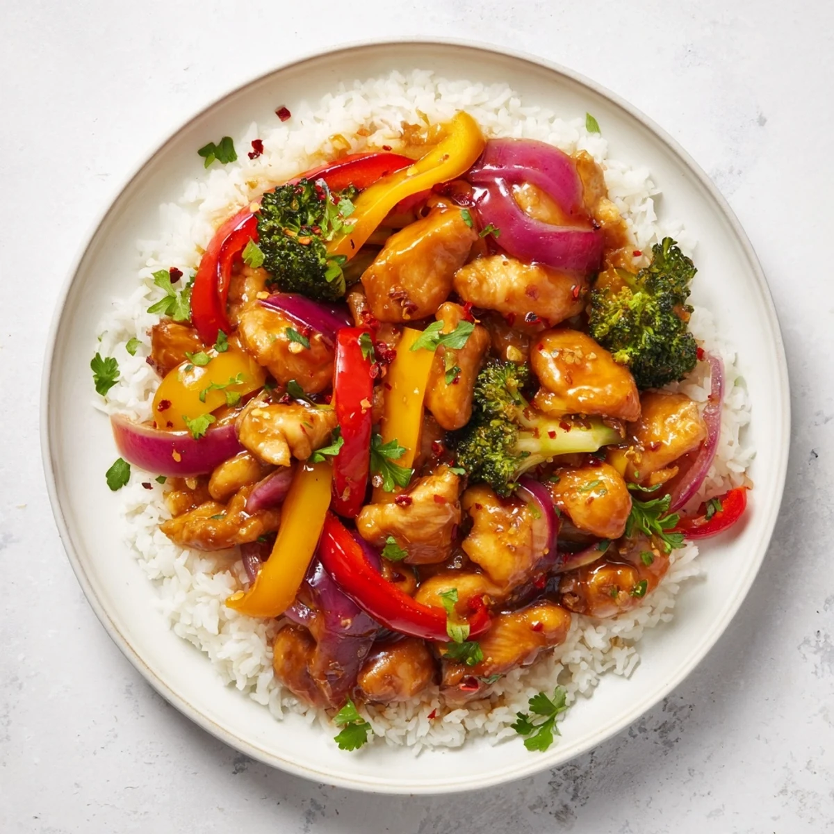 Savory honey soy chicken stir fry served over fluffy white rice with fresh cilantro garnish