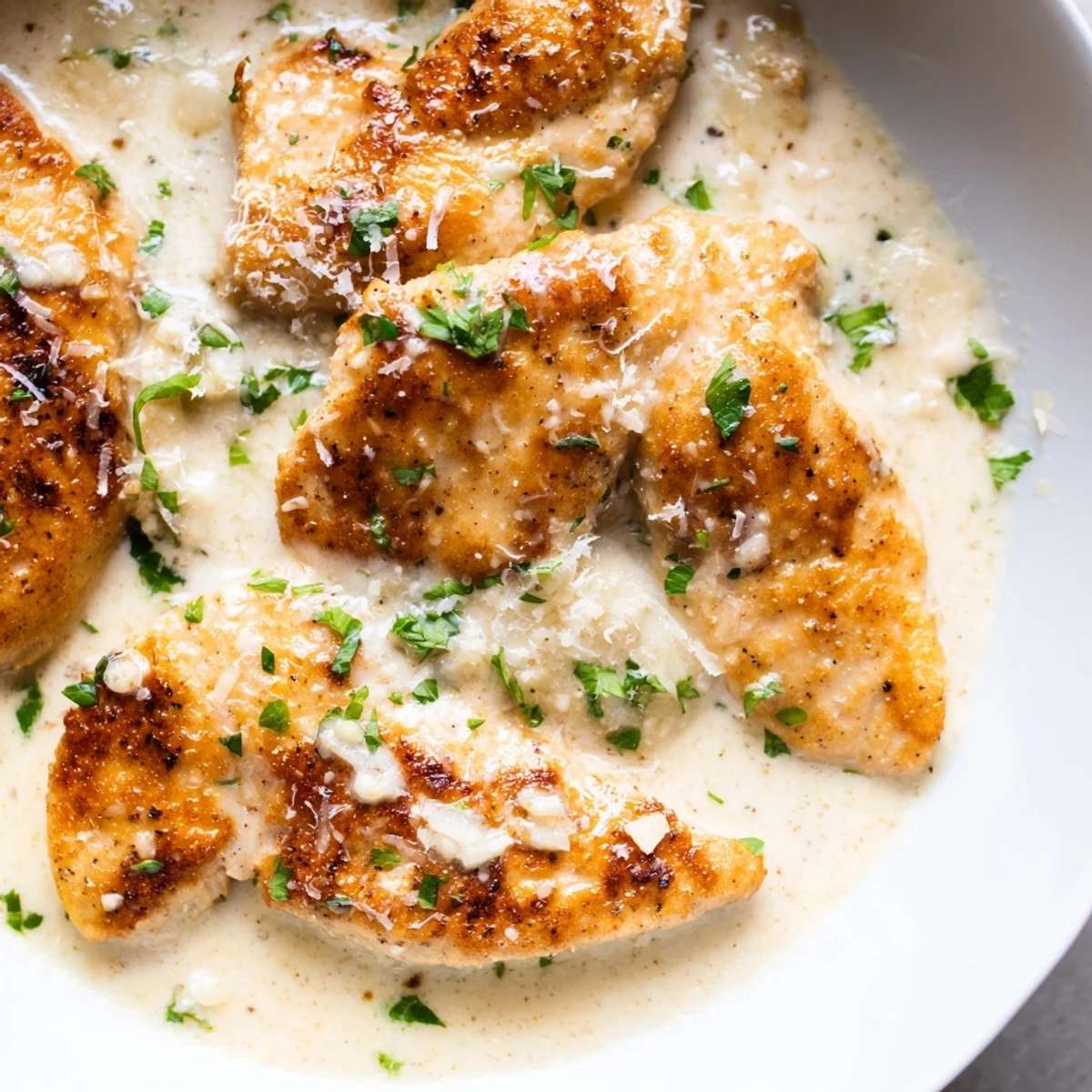 Golden seared creamy garlic chicken breasts smothered in rich white parmesan sauce