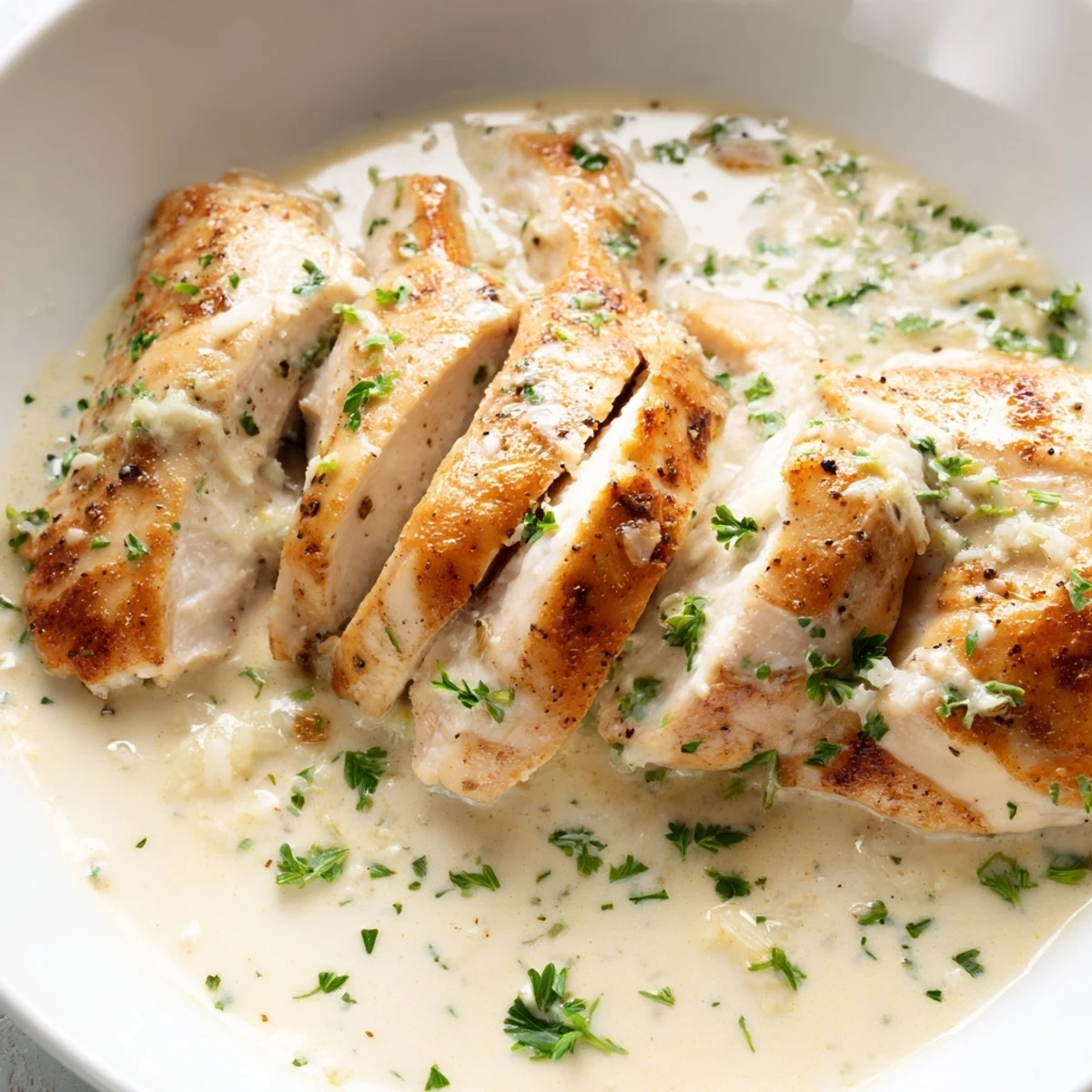 Creamy garlic chicken in silky herb sauce topped with bright green parsley garnish