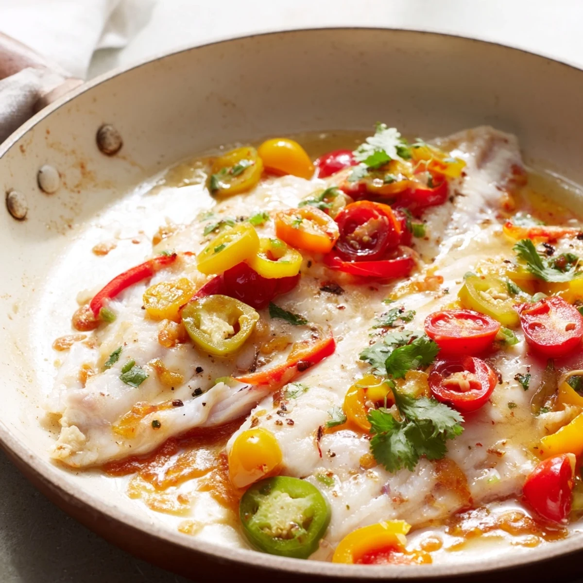 Golden tilapia fillets nestled in colorful roasted peppers with spicy smoky skillet sauce