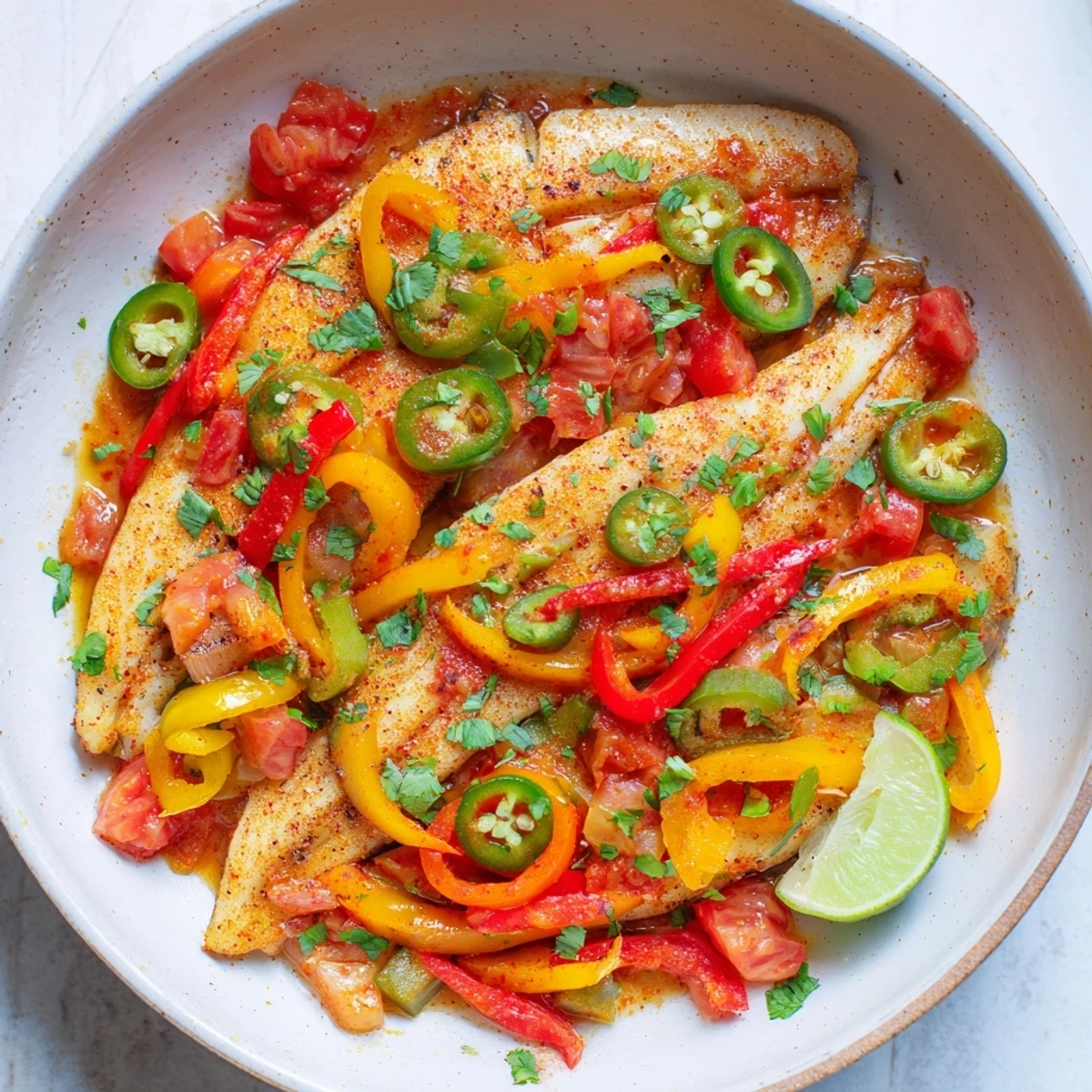 Spicy roasted pepper tilapia skillet topped with fresh cilantro and lime wedges