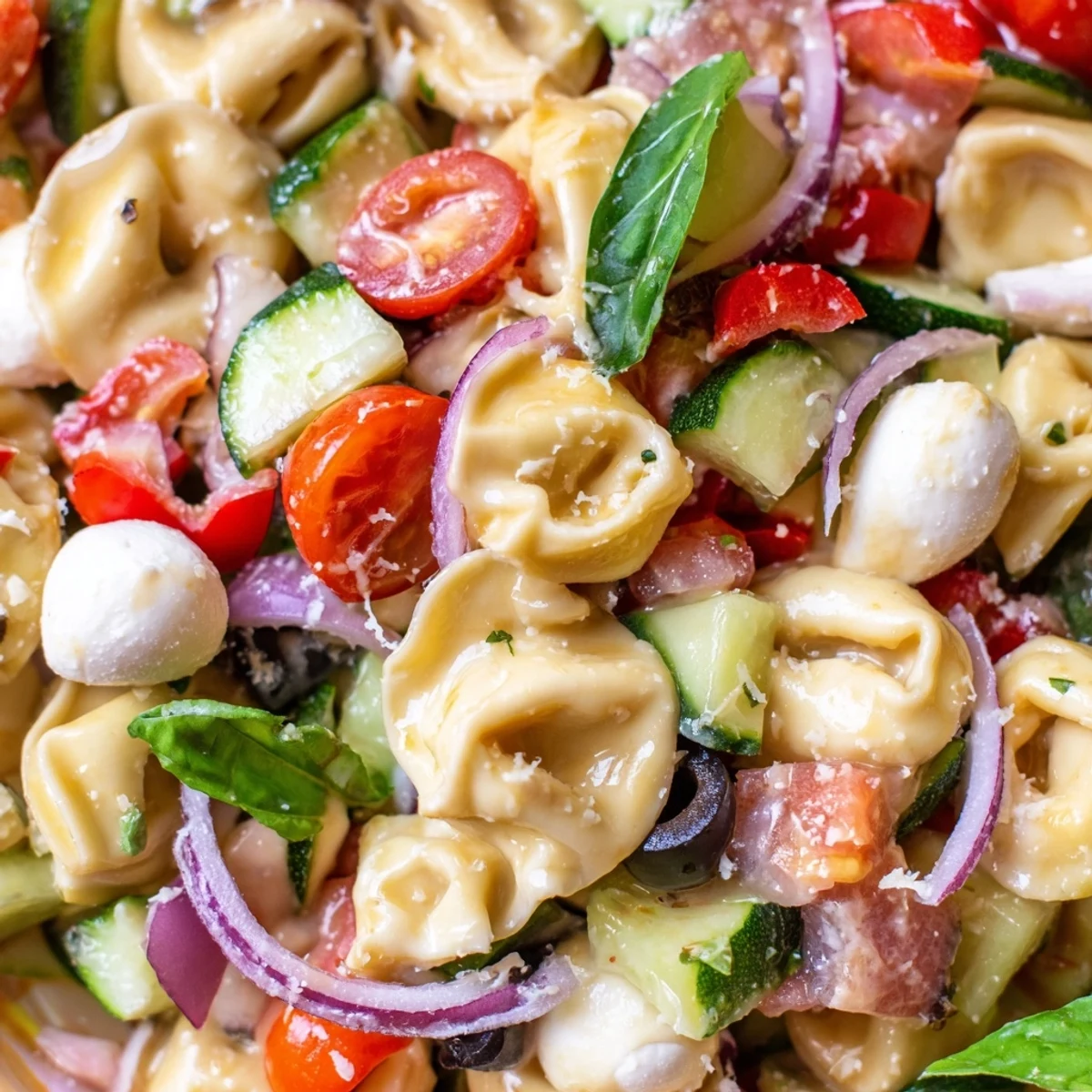 Colorful tortellini salad tossed with cherry tomatoes, cucumbers, and zesty Italian dressing in a white bowl