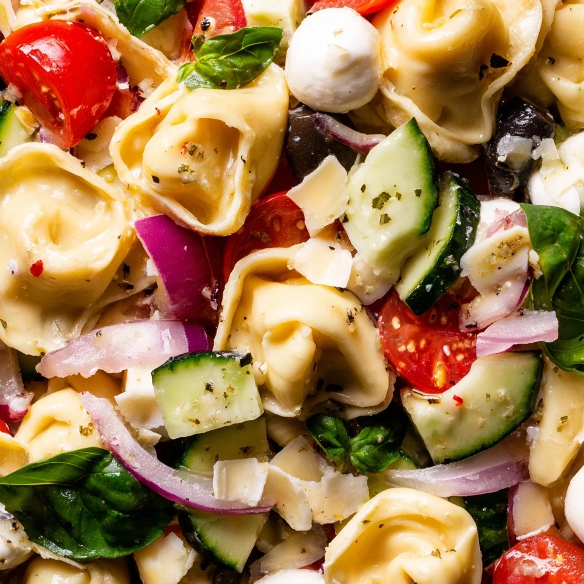 Creamy cheese tortellini salad with crisp vegetables and mozzarella, drizzled with herb dressing, ready to serve