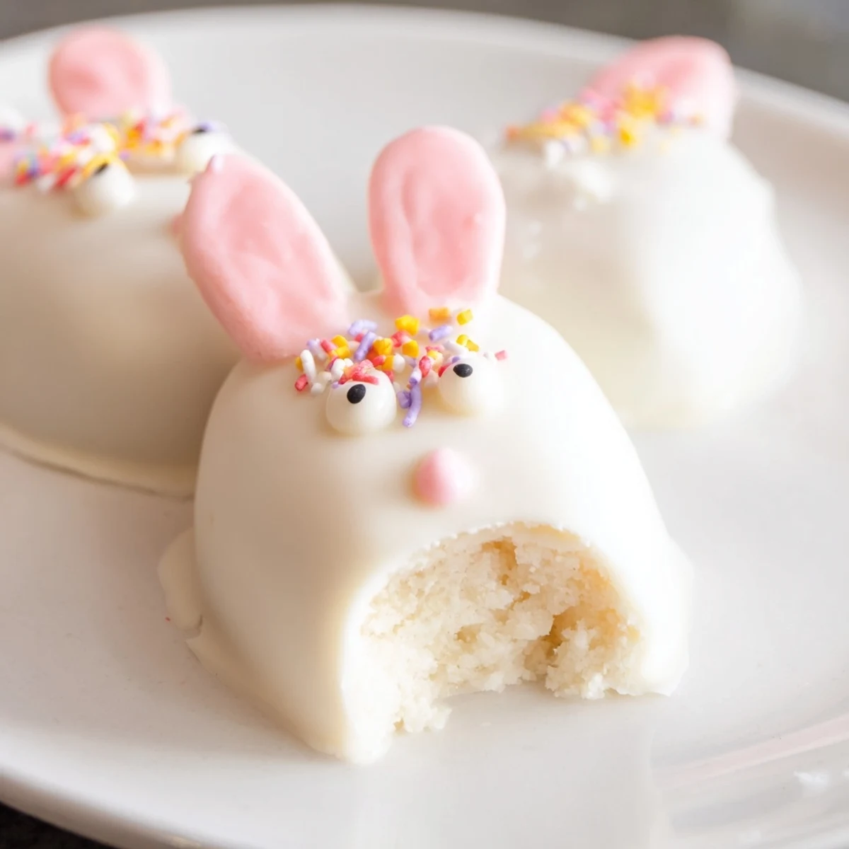 Homemade bunny cakesicles dipped in smooth white chocolate with adorable fondant faces on sticks