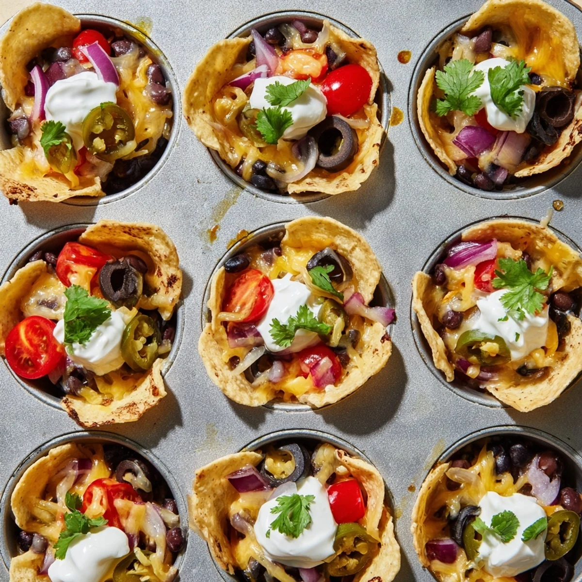 Golden cheesy nacho cups bubbling with melted cheddar and colorful fresh toppings in muffin tin